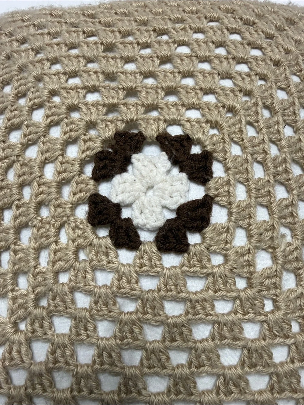 Neutral Crochet Square Pillow with Center Flower Motif